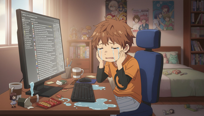 Anime character sitting at a desk crying in frustration, overwhelmed by a long list of anime storytelling prompts on a computer monitor