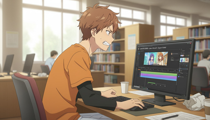 Anime character frustrated at a computer showing an encoder error and export failure message on a video editing timeline