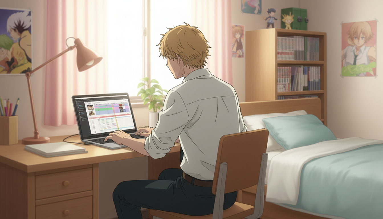 An anime character sitting at a desk with a laptop, surrounded by manga on a bookshelf, with anime posters on the wall, representing a creator working on an original anime story