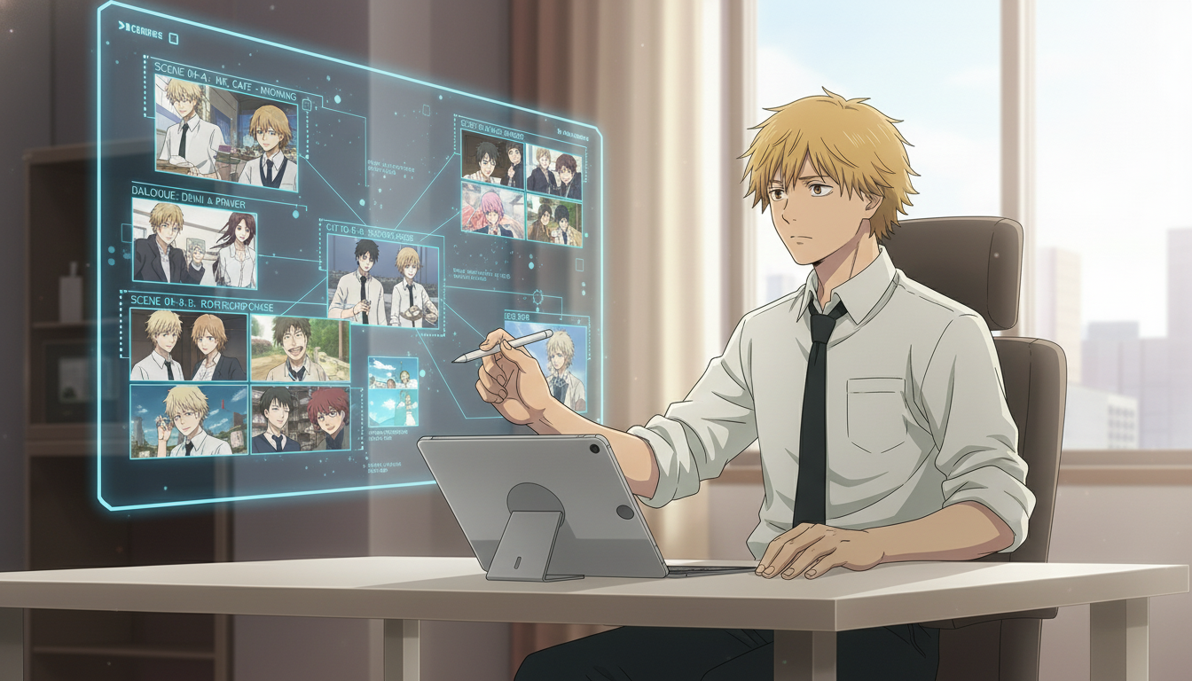 An anime character pointing to a storyboard on a whiteboard showing action fight scene panels with DODGE and IMPACT sound effects, representing the storyboarding phase of anime production