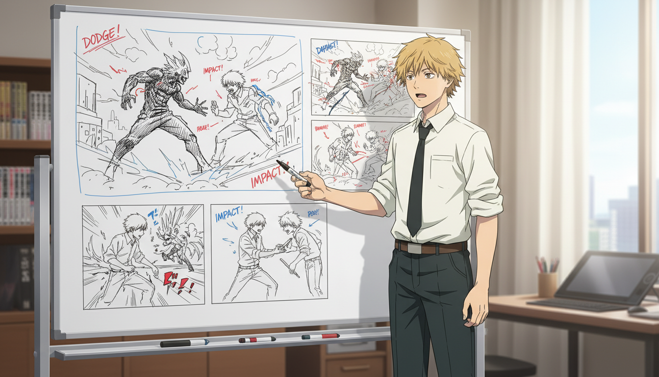 An anime character using a tablet with a glowing holographic display showing a scene planning interface with anime characters, dialogue, and scene nodes arranged in a visual story map