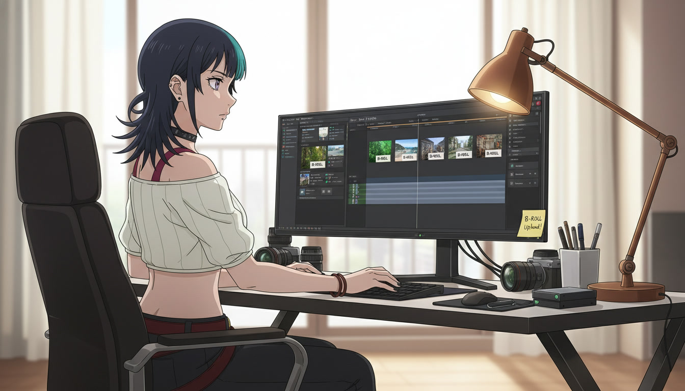 Anime video creator at a desk with a storyboard panel labeled B-ROLL beside monitors showing environment cutaway clips on a Shorts timeline