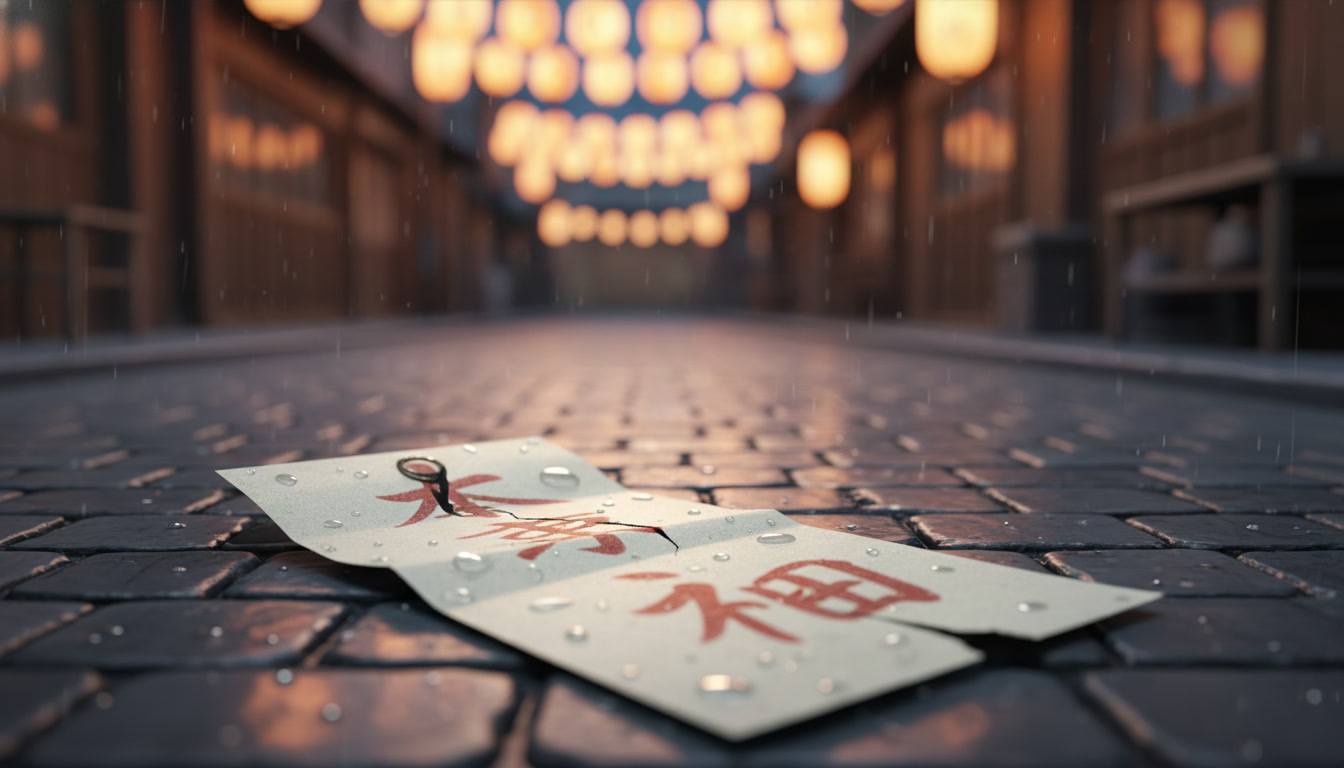 Anime environment insert of rain on a paper charm and festival lantern bokeh with warm amber light, no characters in frame