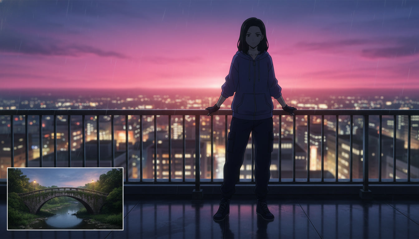 Anime rooftop wide insert at dusk with a copper-haired heroine silhouette on the rail and city lights below, cinematic environment cutaway