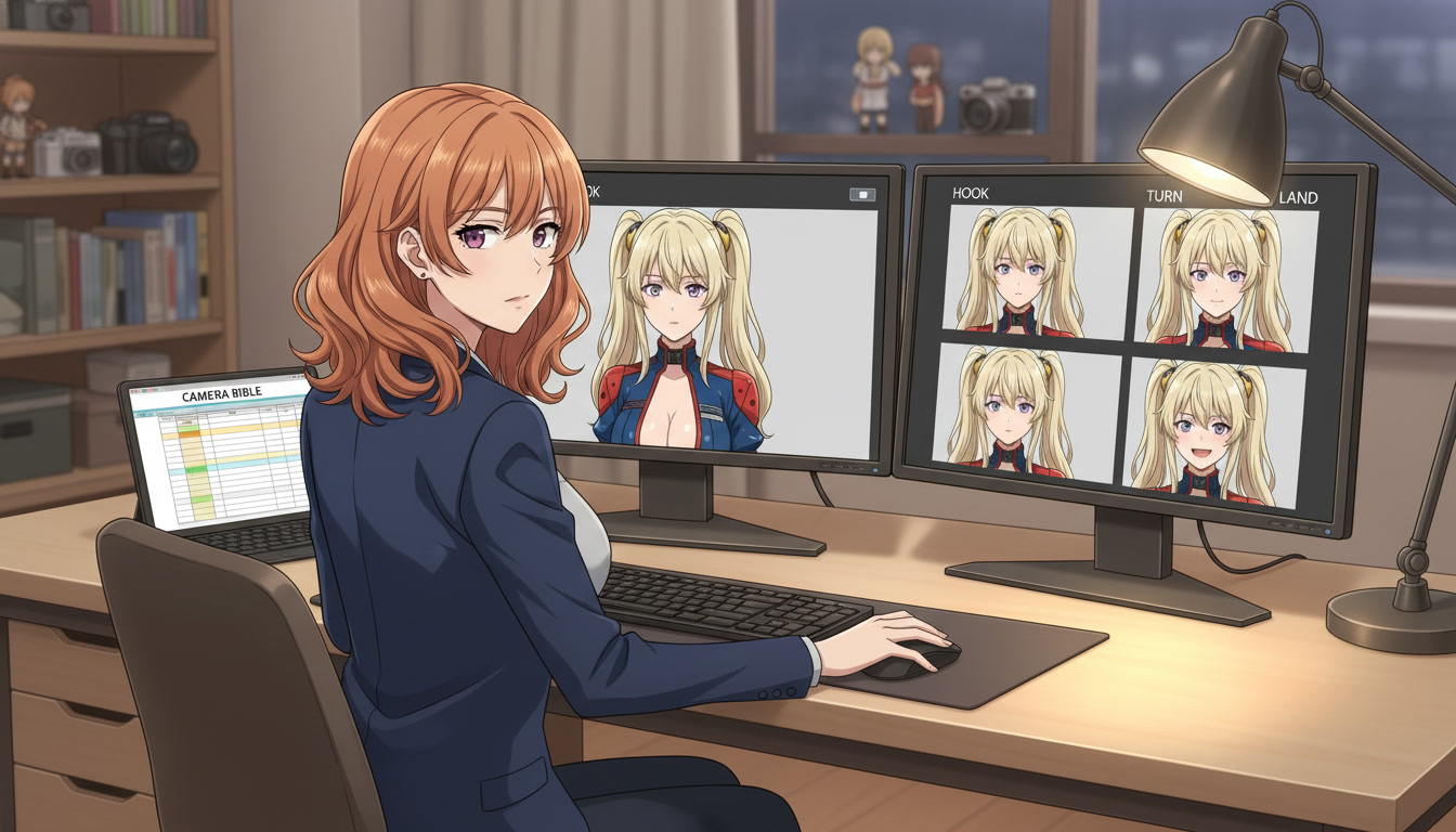 Anime video creator at a desk with a camera bible spreadsheet beside a monitor showing the same medium close-up framing across three storyboard panels labeled hook, turn, and land