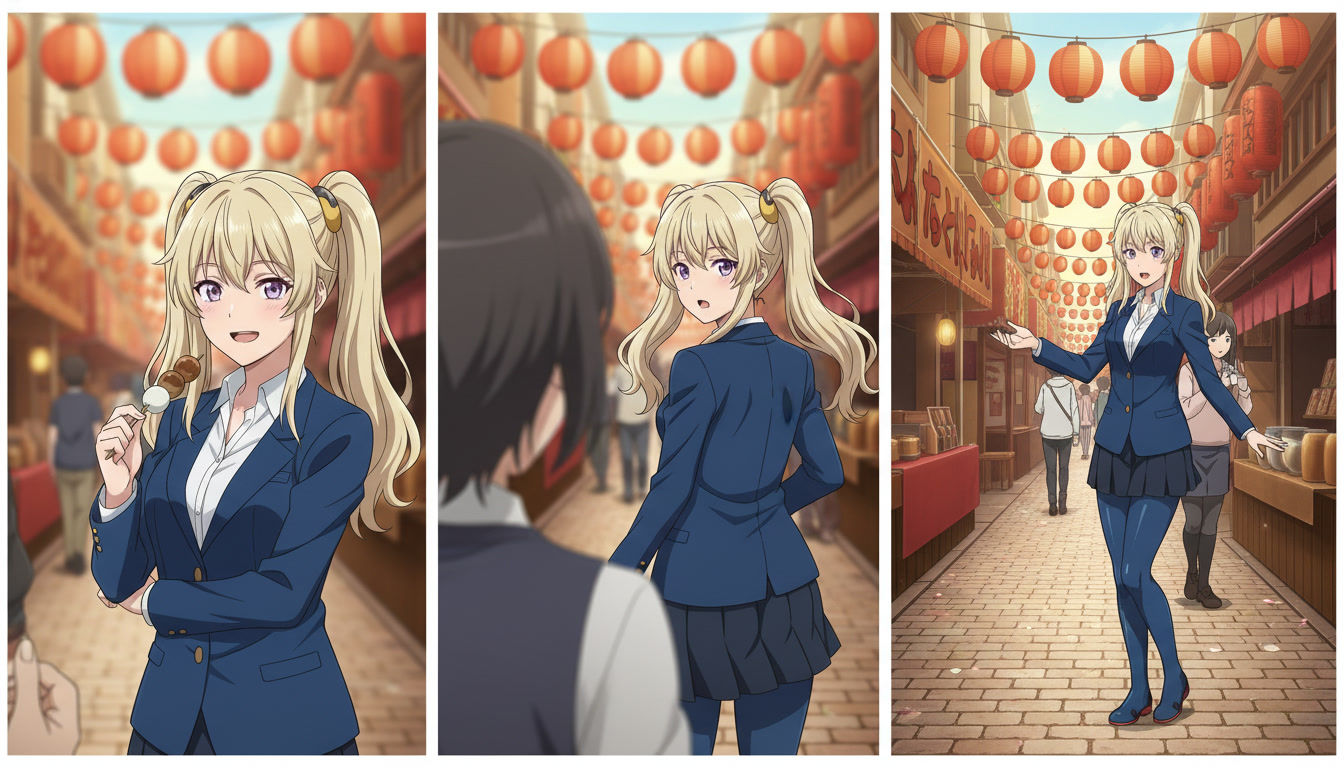 Three-panel anime camera reference showing the same copper-haired heroine in festival alley with medium close-up hook framing, over-shoulder turn framing, and medium shot land framing