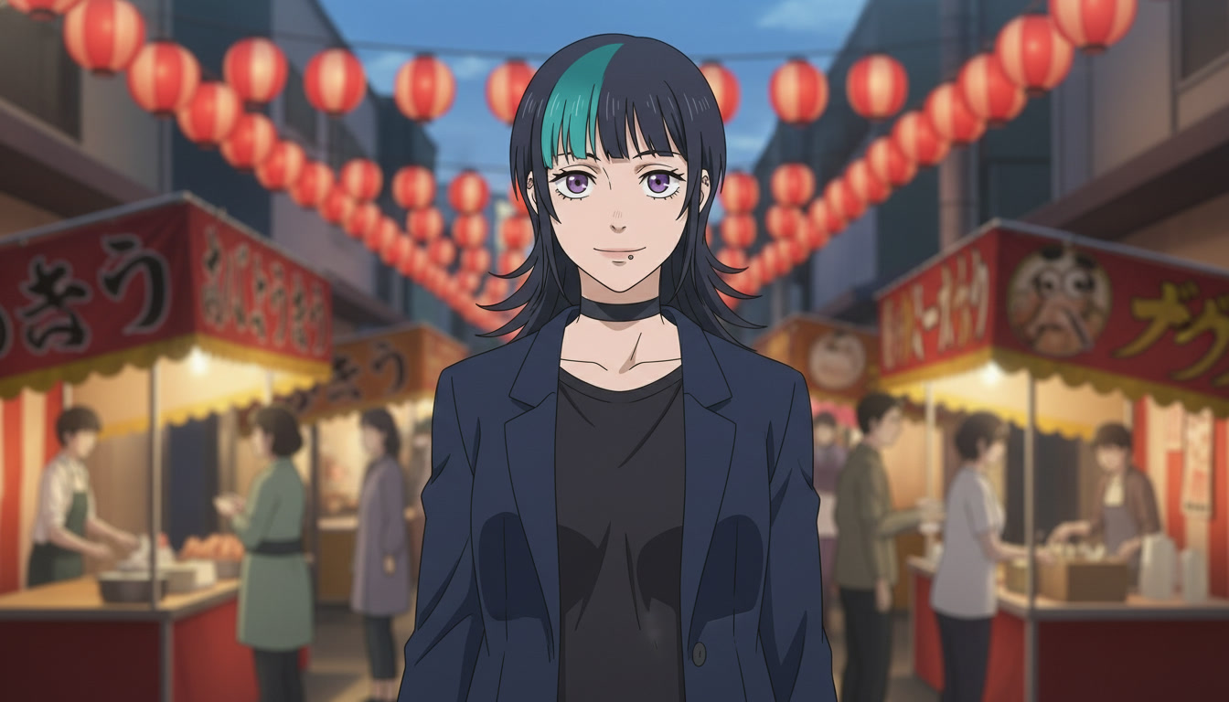 Anime heroine in festival alley framed in medium shot with red lanterns and shallow depth of field, cinematic environment still for serialized Shorts