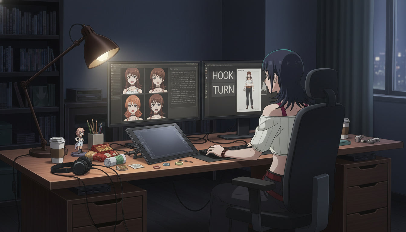 Anime video creator at a desk with a monitor showing a four-panel expression sheet grid beside a storyboard labeled HOOK and TURN