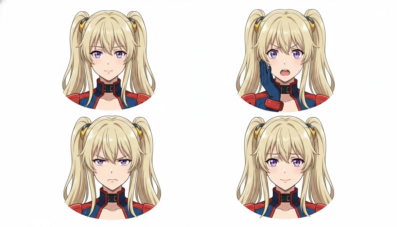 Four-panel anime expression sheet showing the same copper-haired heroine in neutral, shocked, angry, and soft smile states with matching outfit