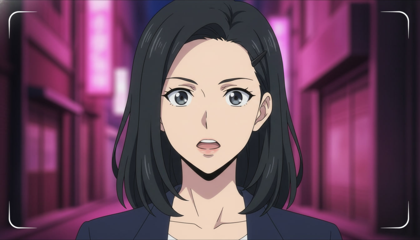 Dramatic anime close-up of a copper-haired heroine with shocked expression and magenta alley bokeh matching a labeled hook storyboard panel