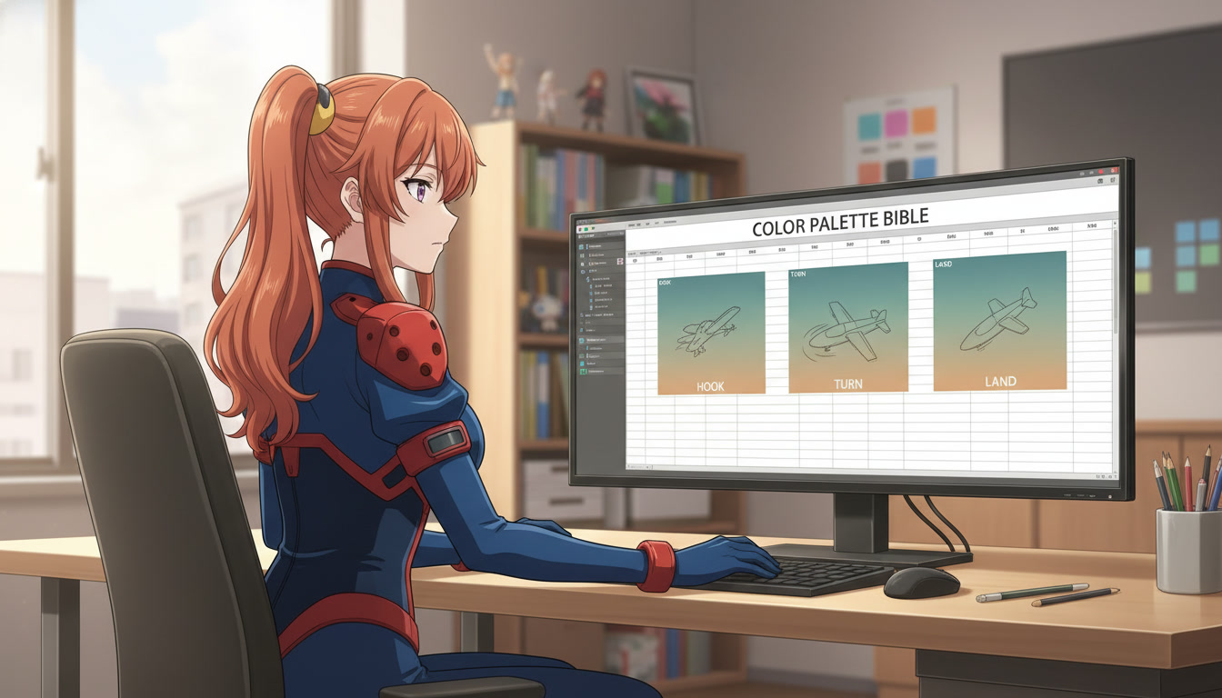 Anime video creator at a desk with a color palette bible spreadsheet beside a monitor showing the same muted teal and amber grade across three storyboard panels labeled hook, turn, and land