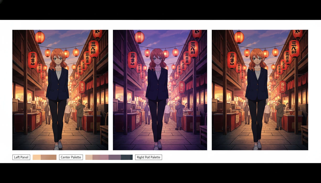 Three-panel anime color reference showing the same copper-haired heroine in festival alley with teal-amber hook grade, cooler violet turn grade, and deeper amber land grade