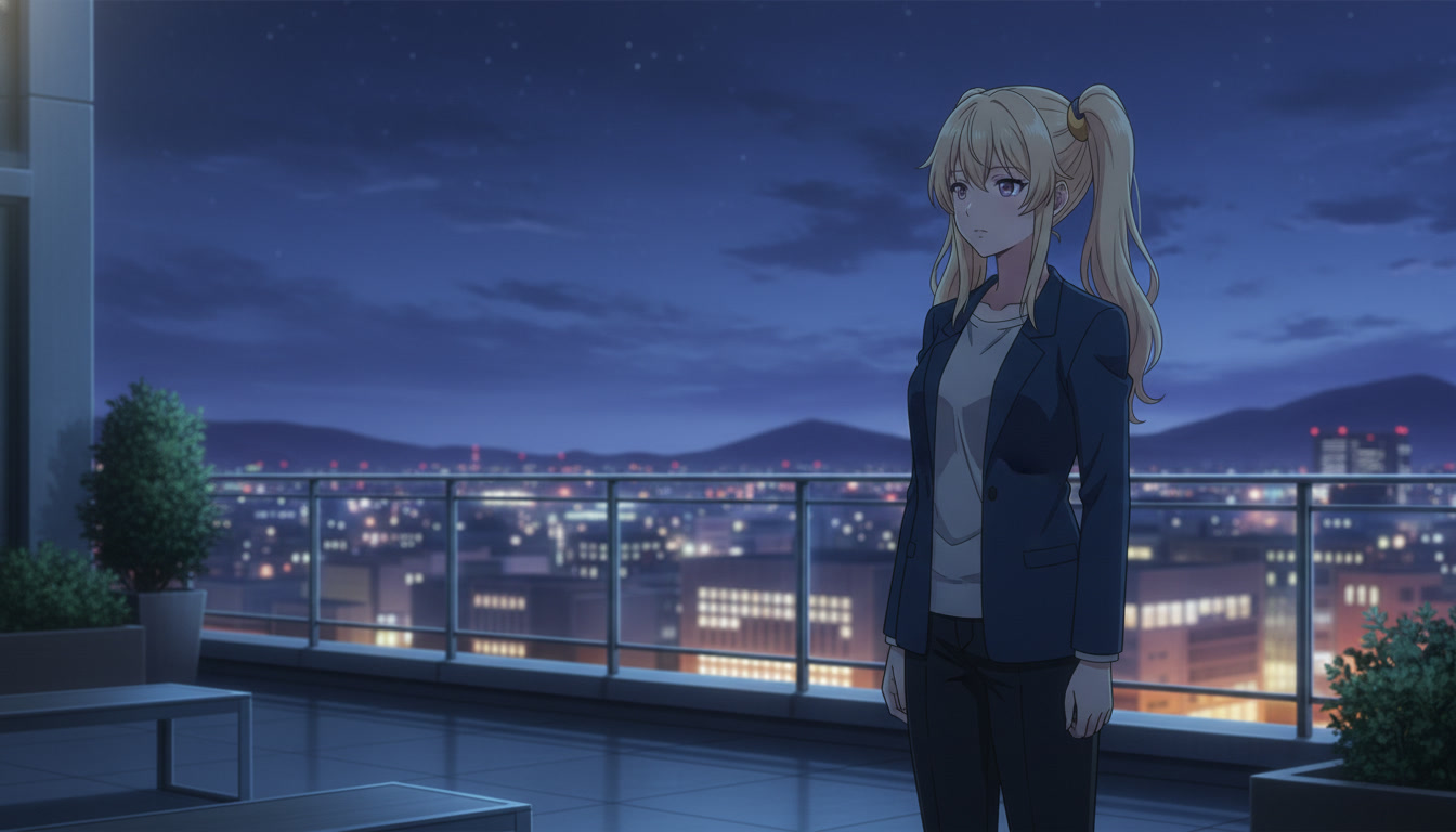 Anime heroine on a rooftop at dusk with consistent indigo night palette and warm city bokeh below, cinematic environment still for serialized Shorts