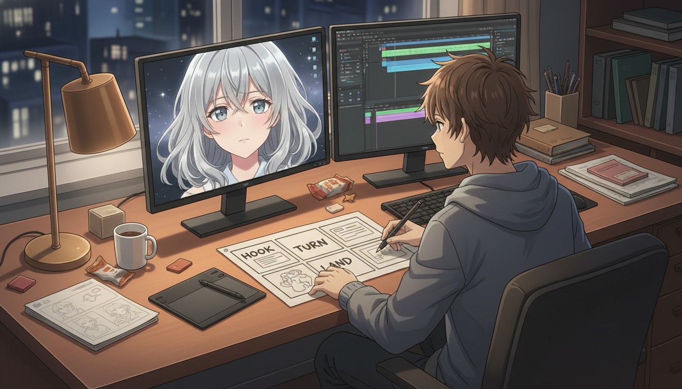 Anime video creator at a desk with a storyboard panel labeled LAND beside a monitor showing a silver-haired heroine frozen in a dramatic close-up cliffhanger frame