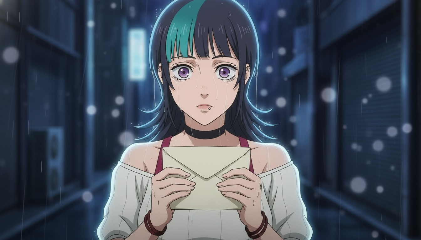 Dramatic anime close-up of a silver-haired heroine with steel gray eyes holding a sealed envelope at chest height, rain and neon rim light, expression of quiet dread as a cliffhanger land frame