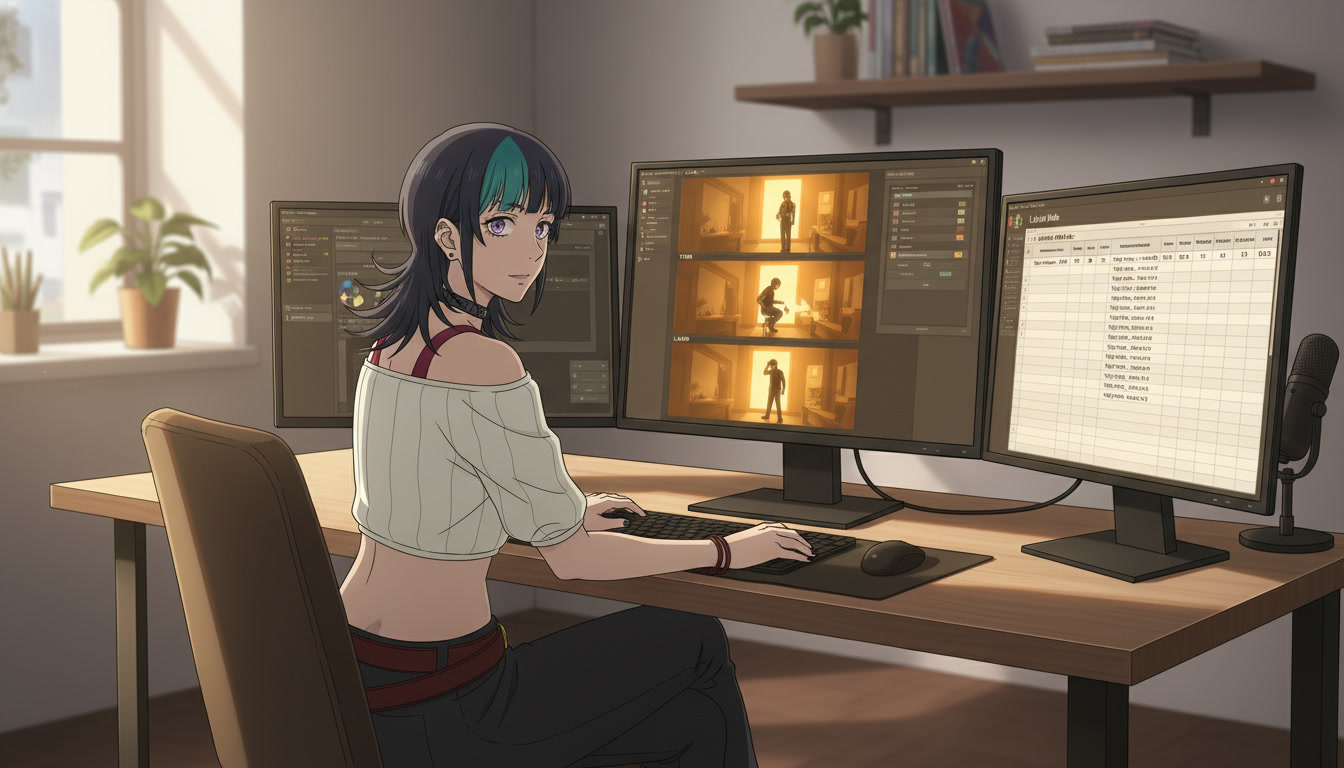 Anime video creator at a desk with a lighting bible spreadsheet beside a monitor showing the same warm amber key light across three storyboard panels labeled hook, turn, and land