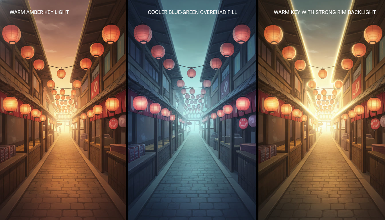 Three-panel anime lighting reference showing the same festival alley with warm amber hook light, cooler turn fill, and stronger rim light on the land panel