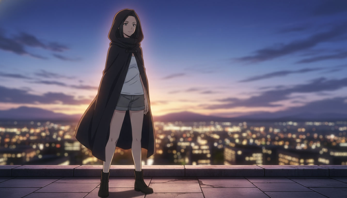 Anime heroine on a rooftop at dusk with consistent warm rim light and city bokeh below, cinematic environment still for serialized Shorts