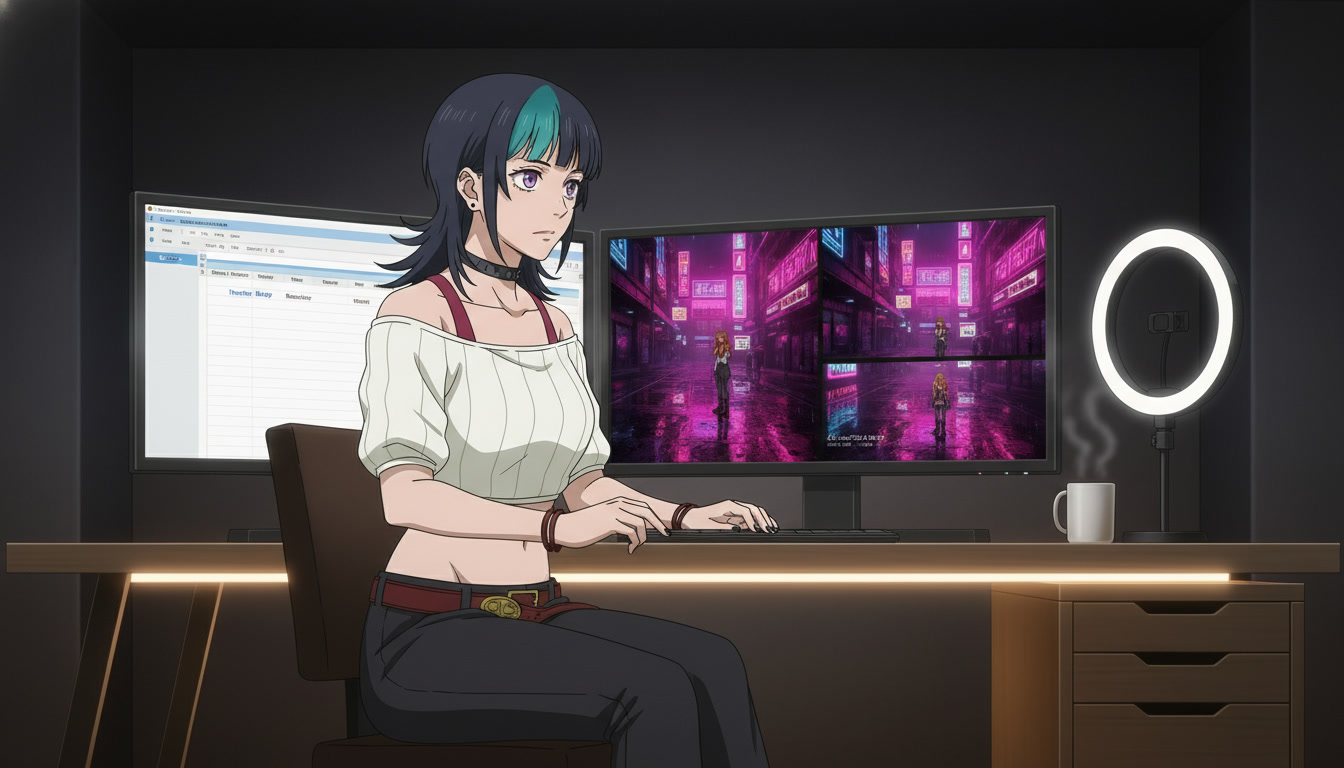 Anime video creator at a desk with a location bible spreadsheet listing named sets beside a monitor showing the same neon alley in two episode thumbnails