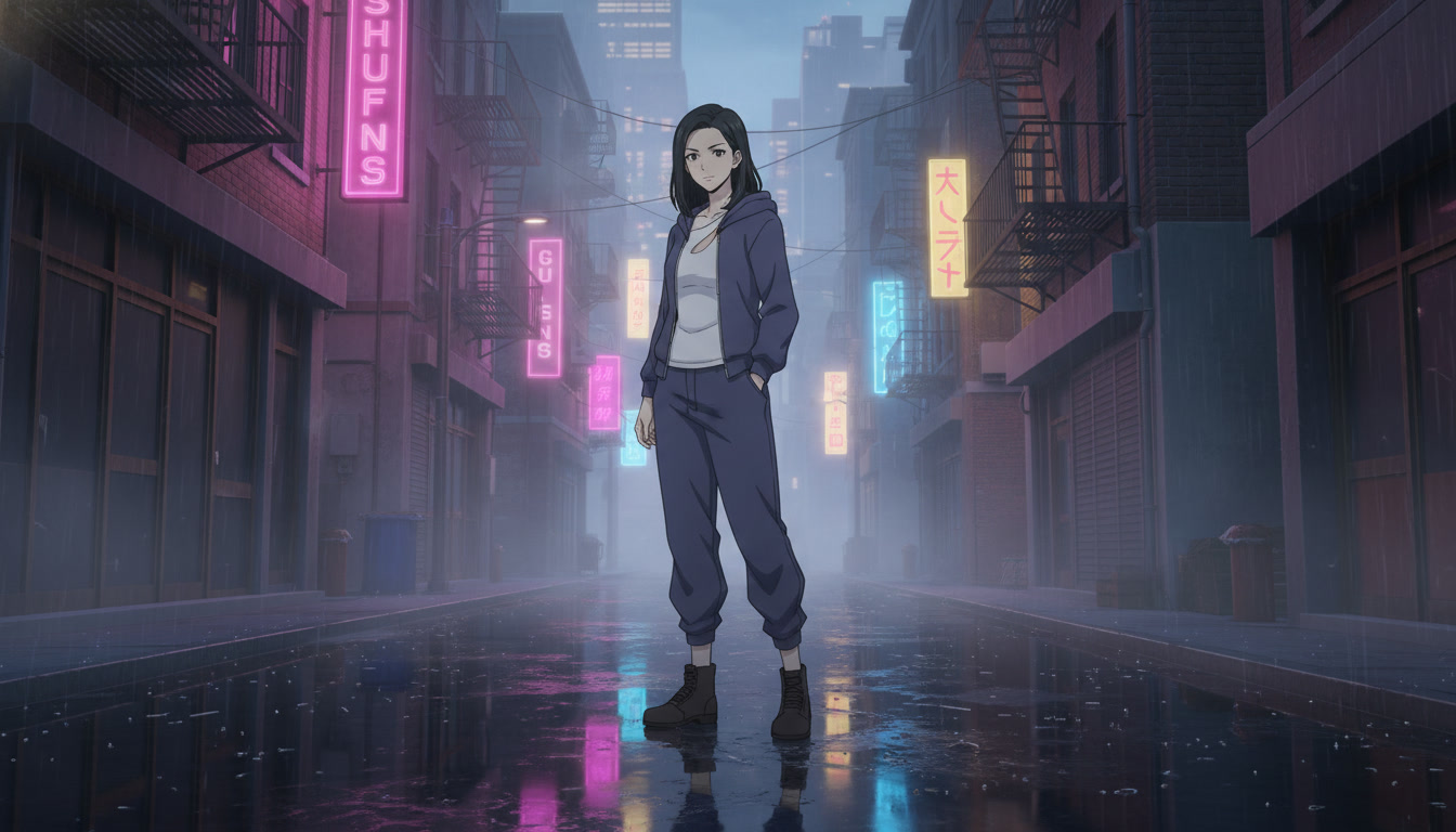 Original anime heroine in indigo streetwear standing in a rain-soaked neon alley at dusk, wide cinematic composition matching a documented location bible entry