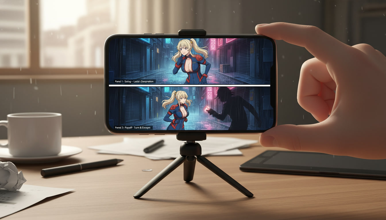 Vertical smartphone previewing an anime Short with the same neon alley background across three storyboard panels labeled establish, turn, and payoff