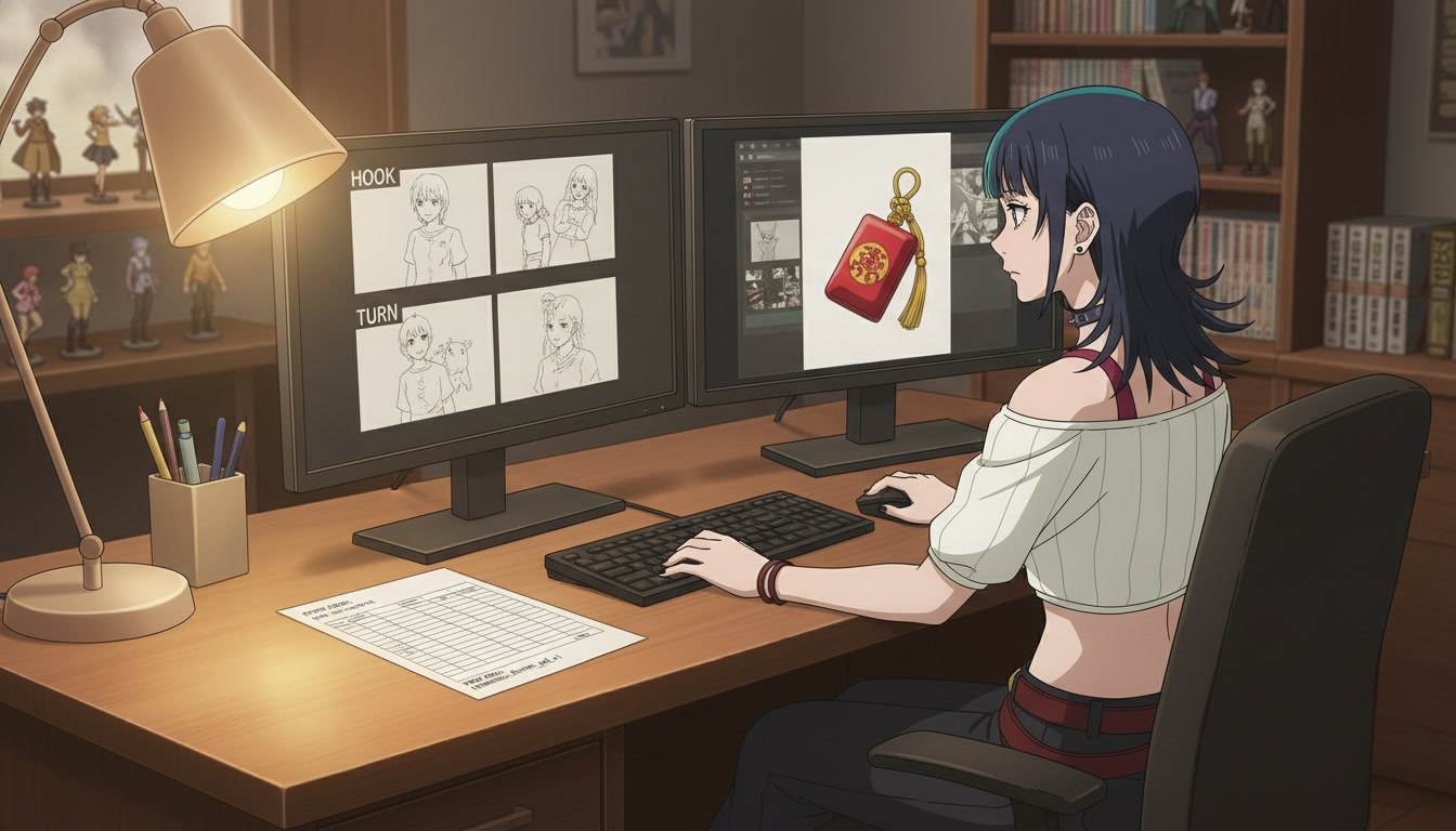 Anime video creator at a desk with a prop bible spreadsheet listing object codes beside a monitor showing the same red lacquer charm across three storyboard panels