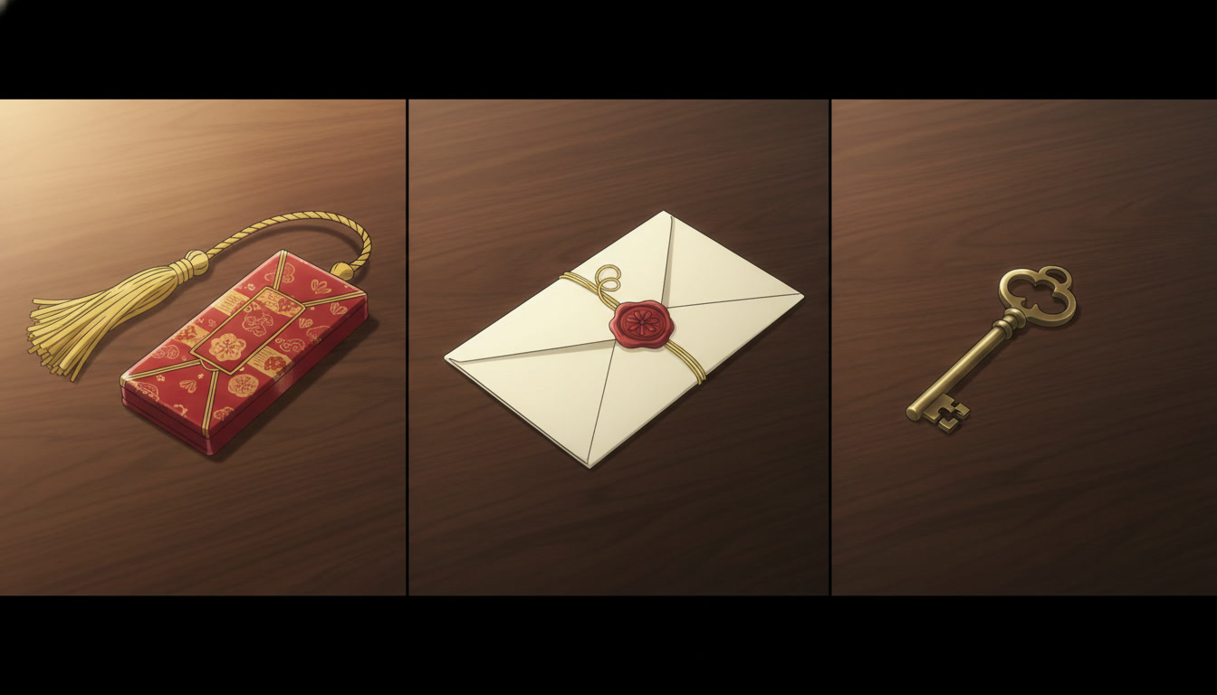 Three-panel anime prop reference showing the same red lacquer charm, sealed cream letter with red wax, and brass key on dark wood with matching gold tassel trim