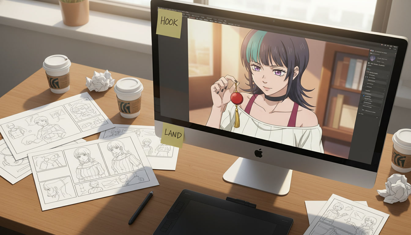 Anime storyboard sheet on a desk with panels labeled HOOK and LAND showing prop charm_red_v1 tags beside a monitor previewing matching red charm clips