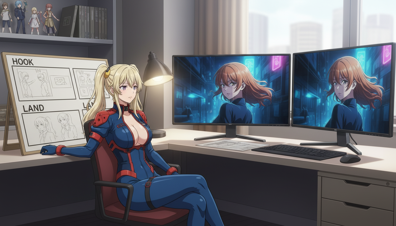 Anime video creator at a desk with a storyboard labeled HOOK, TURN, and LAND beside a monitor showing a copper-haired heroine mid-escalation in a neon alley turn beat frame