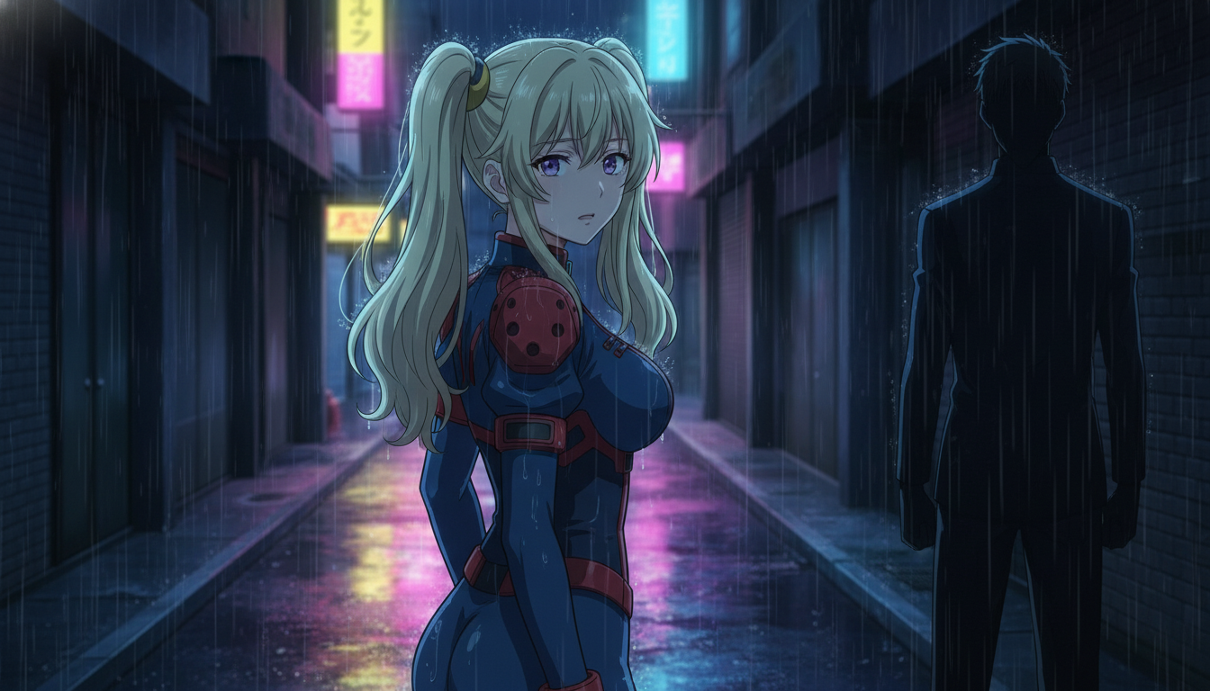 Dramatic anime medium shot of a copper-haired heroine glancing back in a neon alley turn beat, pursuer silhouette at frame edge, rain and blue rim light