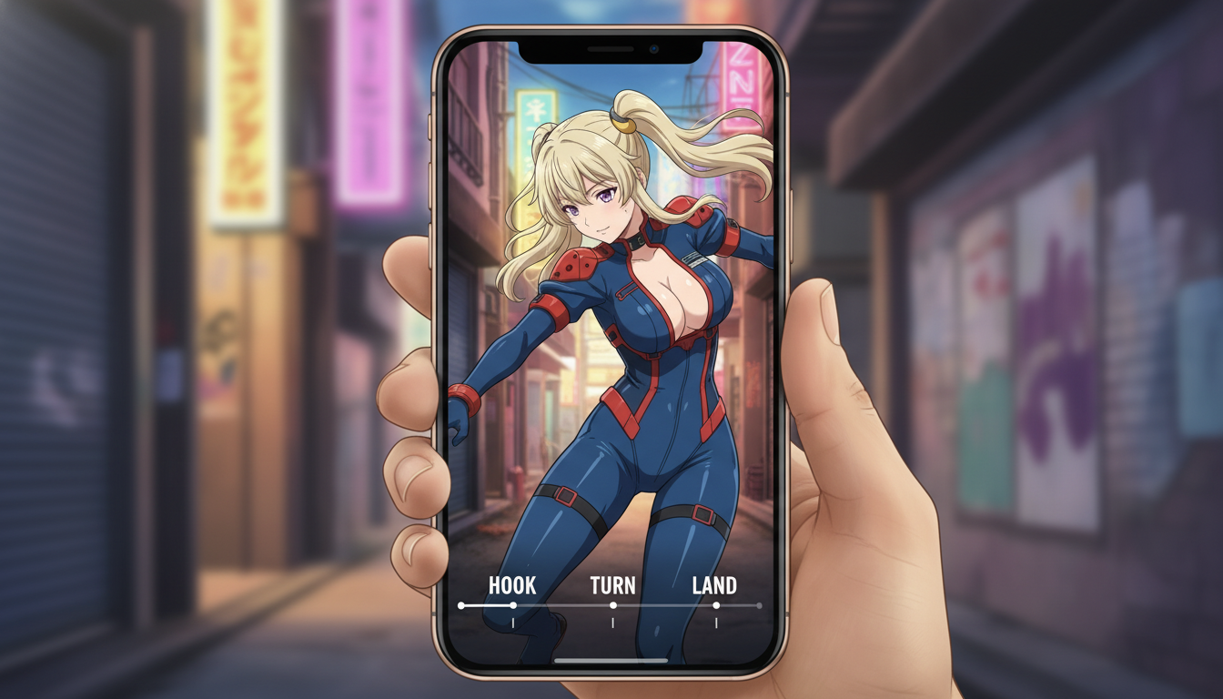 Vertical smartphone previewing the middle seconds of an anime Short with a turn beat escalation frame and timeline markers for hook, turn, and land
