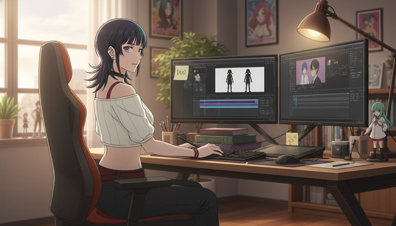 Anime video creator at a desk with a storyboard panel labeled DUO showing two character silhouettes beside monitors previewing a two-character medium shot