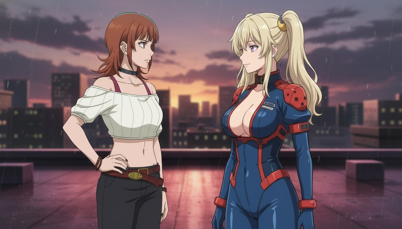 Two original anime characters in a medium two-shot on a rain-soaked rooftop at dusk, faces clearly separated, rival standoff composition