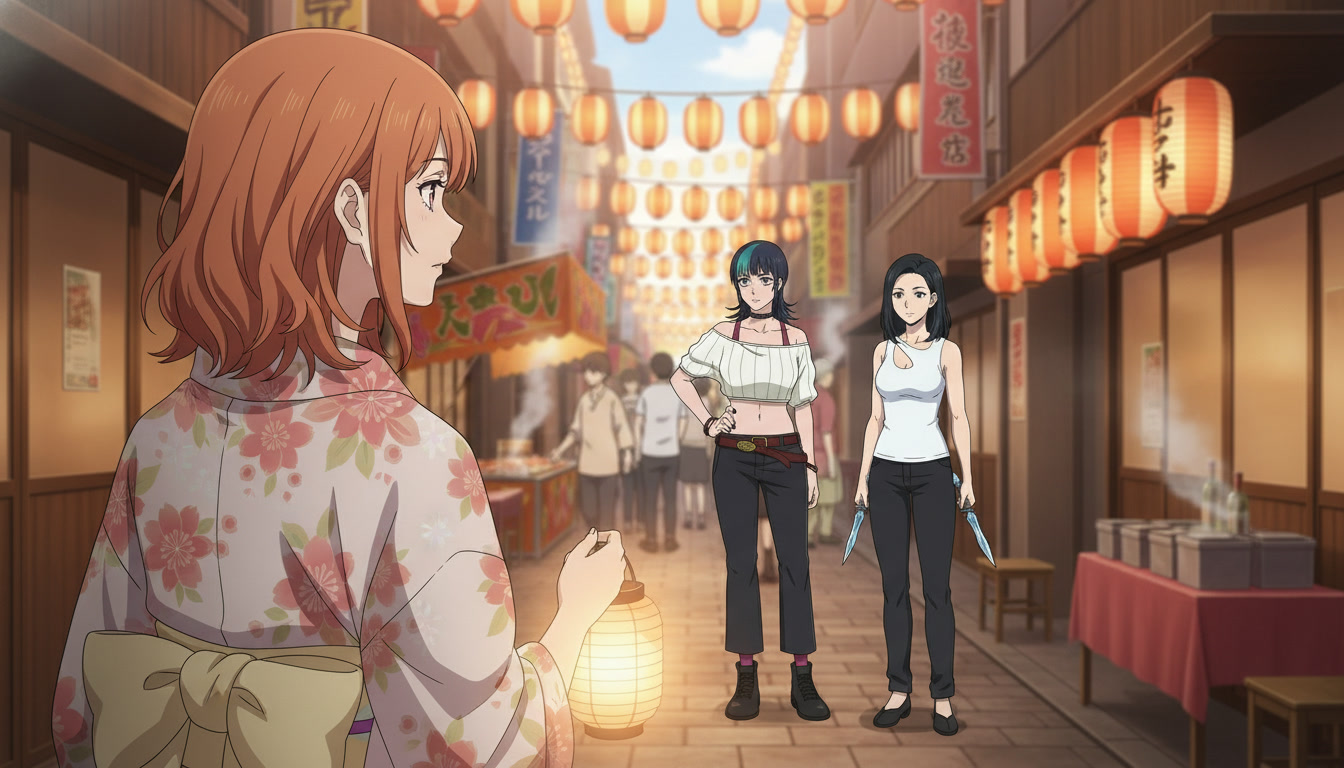 Two original anime characters in an over-shoulder festival alley composition, partner tier emotional beat, warm lantern light