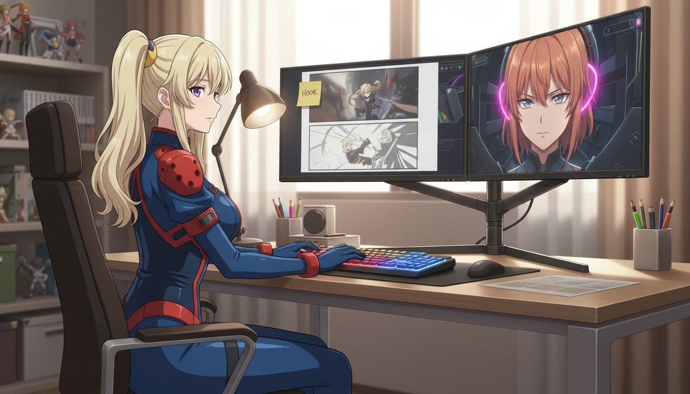 Anime video creator at a desk with a storyboard panel labeled HOOK beside a monitor showing a copper-haired heroine in a dramatic close-up opening frame