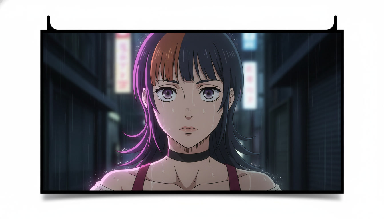 Dramatic anime close-up of a copper-haired heroine with steel gray eyes and magenta rim light, wind in her hair, expression of quiet shock as a hook frame for YouTube Shorts