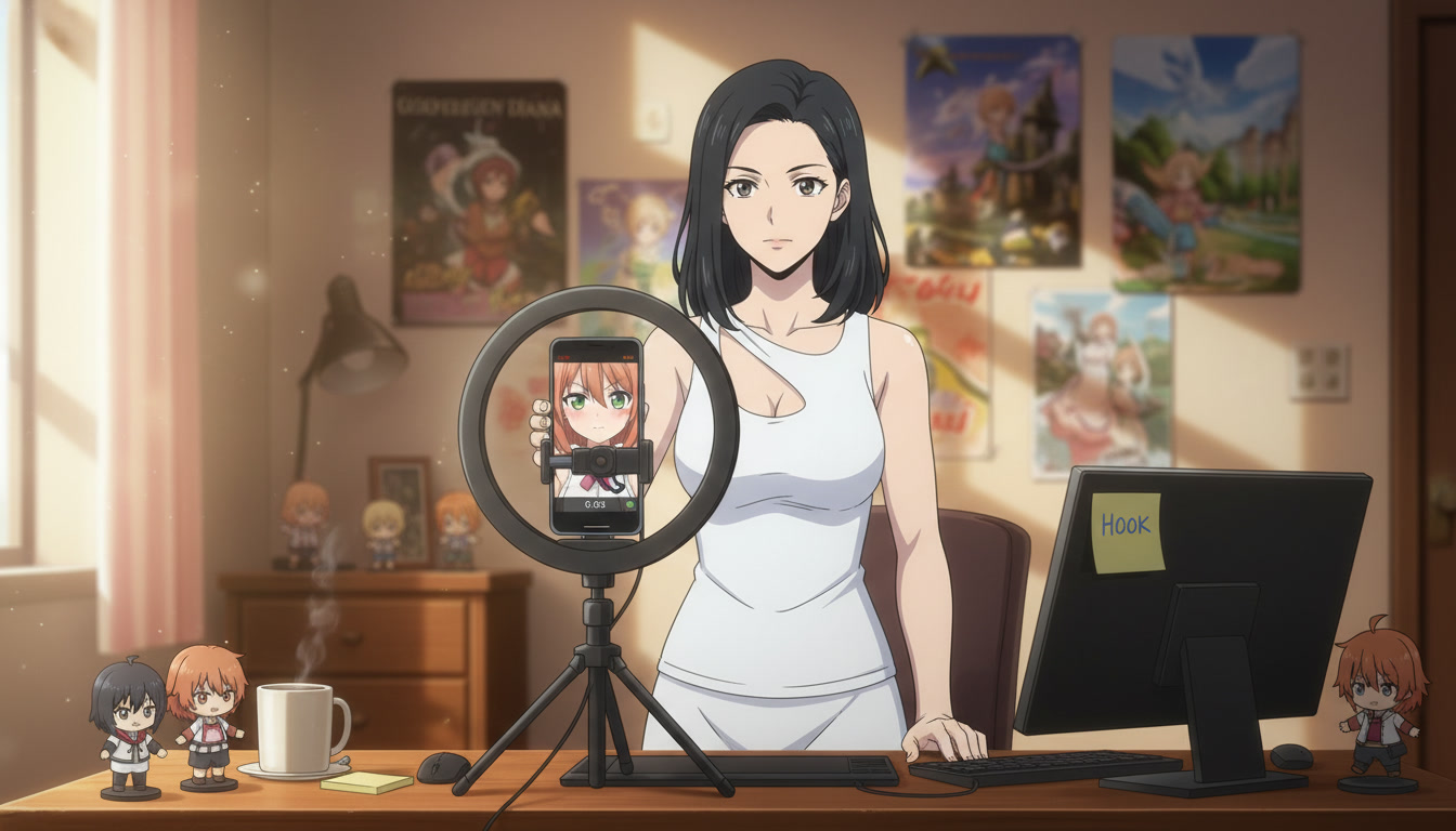 Vertical smartphone on a tripod previewing the first three seconds of an anime Short with a hook close-up and a waveform spike labeled at second one