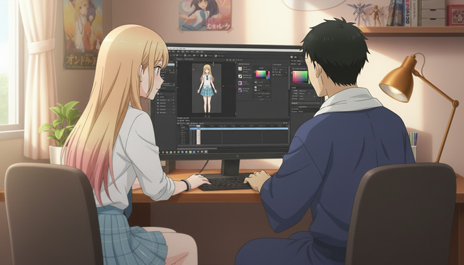 Two anime characters sitting together at a computer desk using anime video editing software, a girl with blonde hair and a boy with dark hair collaborating on a project