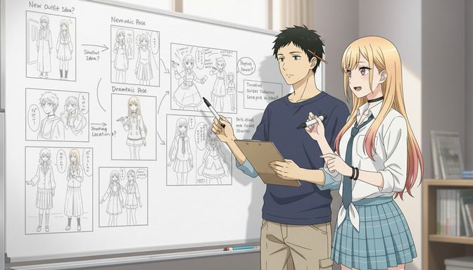 Two anime characters standing at a whiteboard covered in storyboard sketches and notes about outfit ideas, poses, and shooting locations, planning an anime production