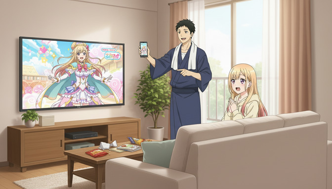 Two anime characters in a living room watching an anime series on a large TV, one standing and holding a phone, both looking excited and engaged with the screen