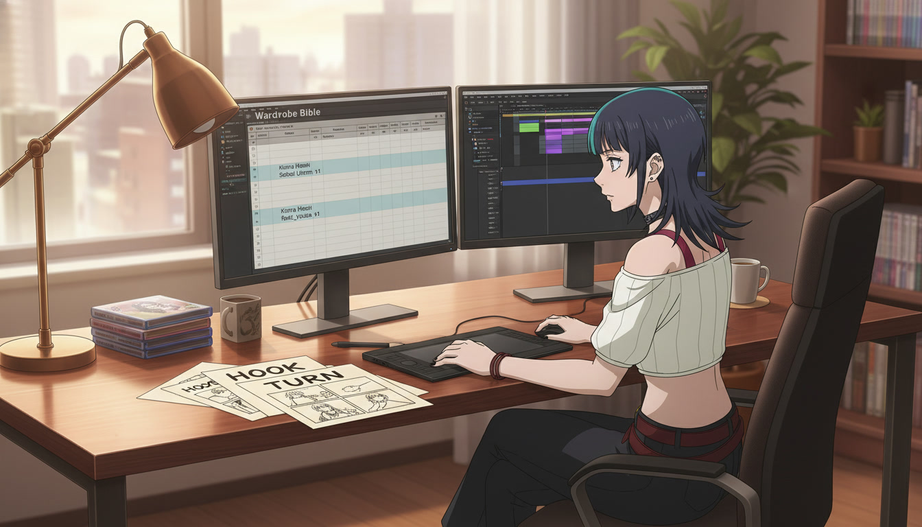 Anime video creator at a desk with a wardrobe bible spreadsheet listing outfit codes beside a monitor showing the same copper-haired heroine in matching navy blazer across three storyboard panels