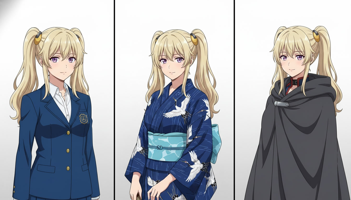 Three-panel anime wardrobe reference showing the same copper-haired heroine in navy school uniform, festival yukata, and dark finale cloak with matching hair clip