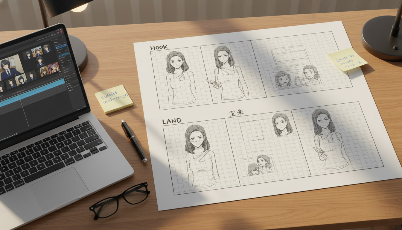 Anime storyboard sheet on a desk with panels labeled HOOK and LAND showing outfit uniform_v1 tags beside a monitor previewing matching navy blazer clips