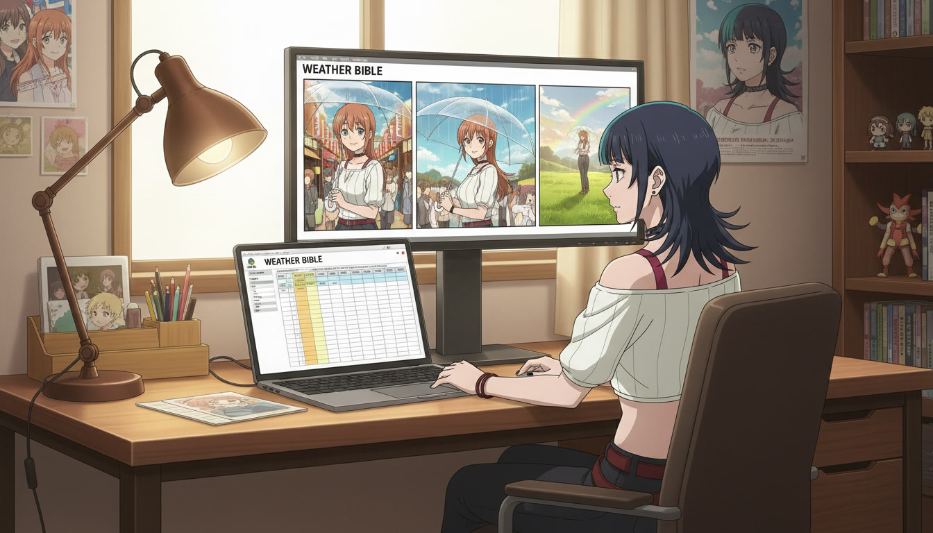 Anime video creator at a desk with a weather bible spreadsheet beside a monitor showing the same festival alley with light drizzle across three storyboard panels labeled hook, turn, and land