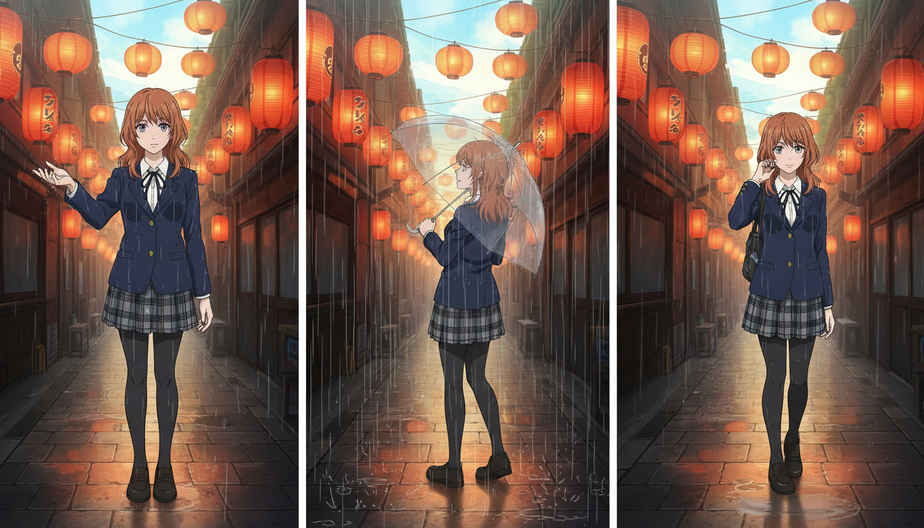 Three-panel anime weather reference showing the same copper-haired heroine in festival alley with light drizzle hook grade, heavier rain turn grade, and easing drizzle land grade