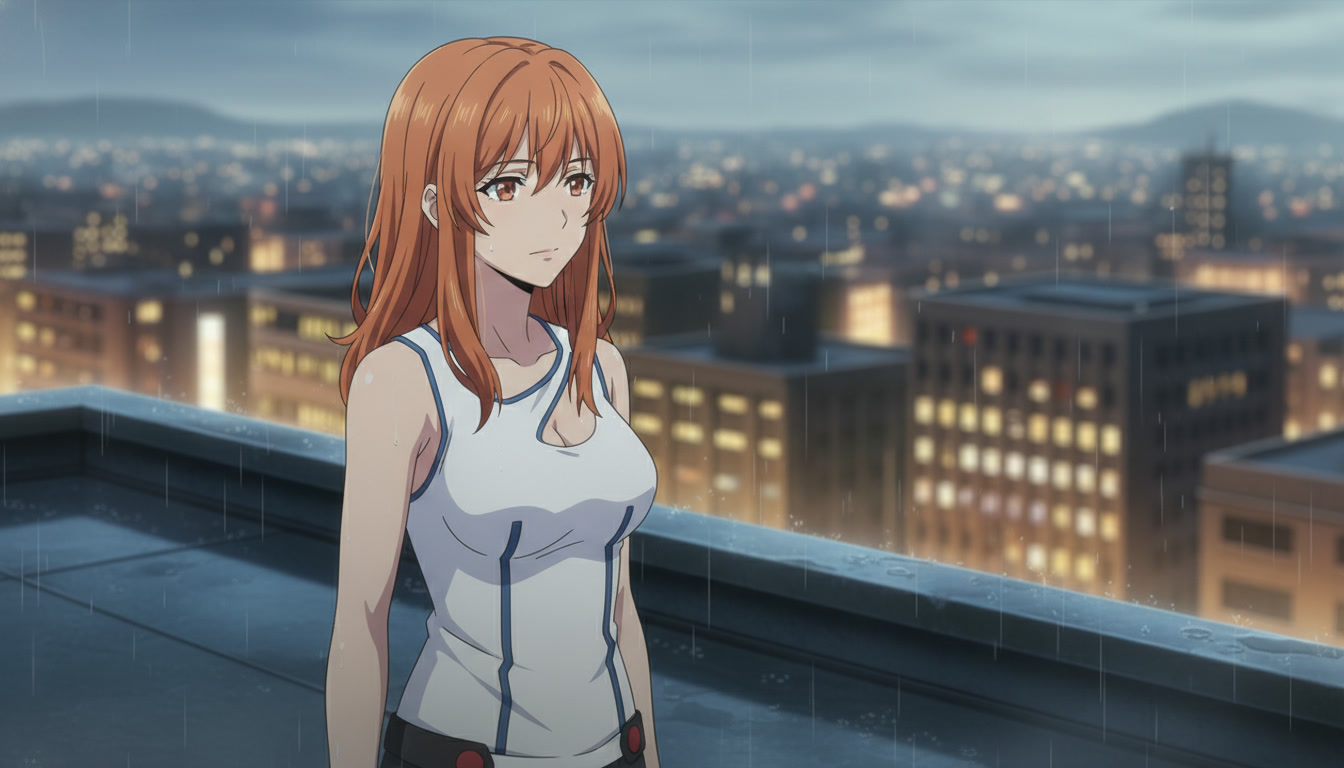 Anime heroine on a rooftop at dusk with light drizzle and city bokeh below, consistent weather code for serialized Shorts bridge panel
