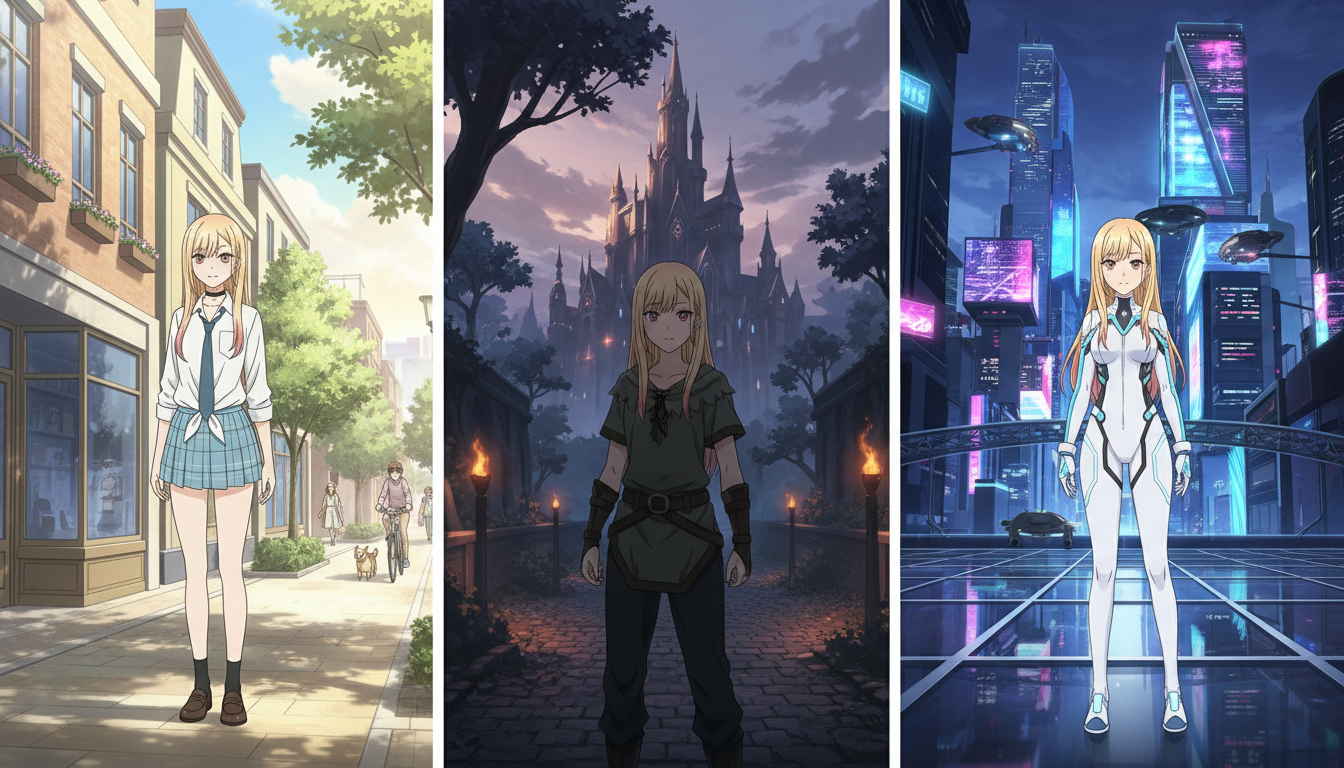 The same anime character shown in three genre worlds side by side: a slice-of-life street, a dark fantasy path, and a neon cyberpunk city