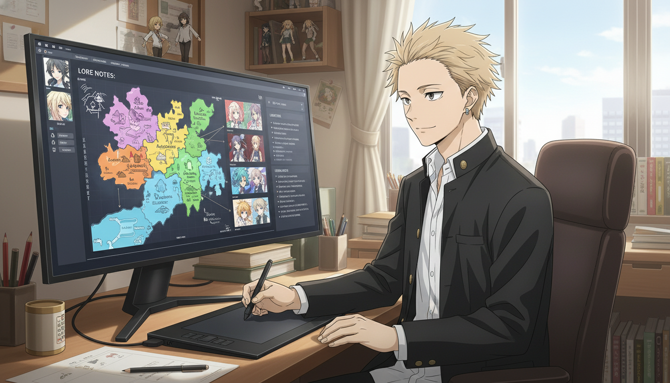 An anime creator sitting at a desk with a stylus, working on a detailed lore map showing character portraits, territory zones, and faction notes on a large monitor