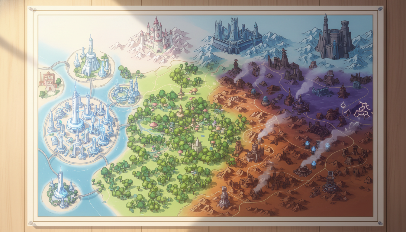 A detailed anime-style fantasy world map mounted on a wooden frame, showing distinct territories including a coastal tech city, dense green forests, an arid wasteland, and snow-capped mountain fortresses