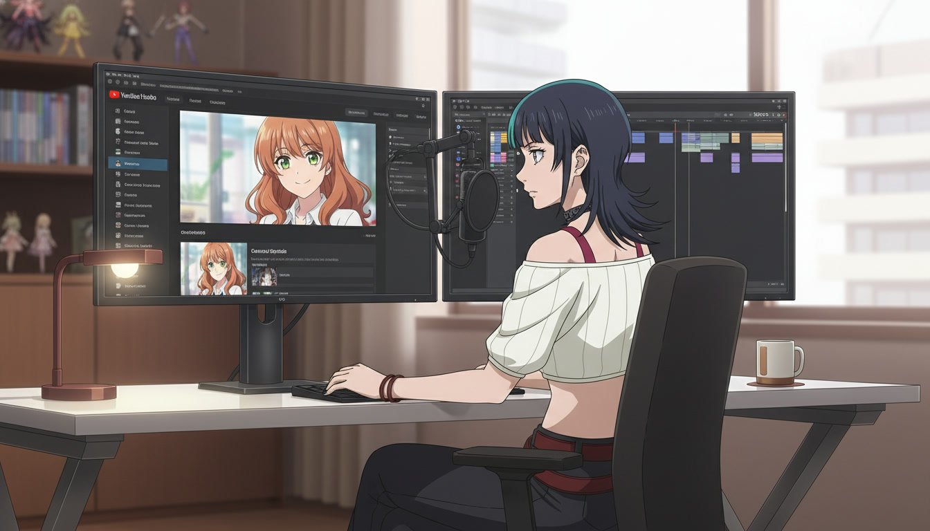 Anime video creator at a desk reviewing a YouTube thumbnail preview of a copper-haired heroine close-up beside a Shorts timeline on a second monitor